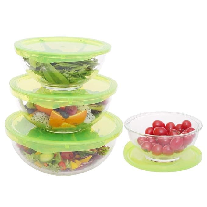 LAGO HI-GRADE BOROSILICATE 4PC MIXING BOWL SET WITH LIDS
(950ML/1500ML/2500ML/3500ML) - ROUND