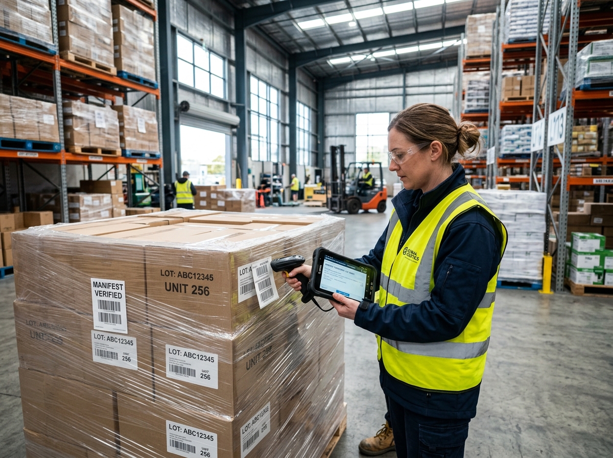 Warehouse operations specialist scanning manifest barcode on liquidation pallet